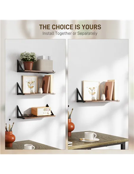 HOMCOM Set of 3 Wall Shelves, 43cm Vintage Wall Mounted Floating Shelves for Living Room, Entryway, Bedroom, Rustic Brown