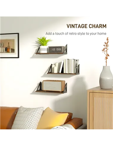 HOMCOM Set of 3 Wall Shelves, 43cm Vintage Wall Mounted Floating Shelves for Living Room, Entryway, Bedroom, Rustic Brown