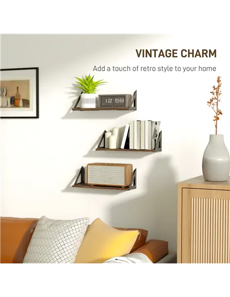 HOMCOM Set of 3 Wall Shelves, 43cm Vintage Wall Mounted Floating Shelves for Living Room, Entryway, Bedroom, Rustic Brown