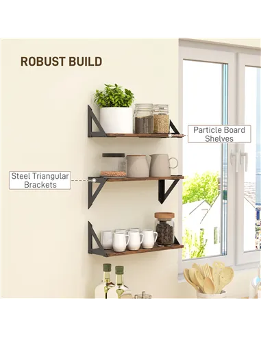 HOMCOM Set of 3 Wall Shelves, 43cm Vintage Wall Mounted Floating Shelves for Living Room, Entryway, Bedroom, Rustic Brown