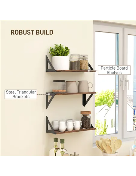 HOMCOM Set of 3 Wall Shelves, 43cm Vintage Wall Mounted Floating Shelves for Living Room, Entryway, Bedroom, Rustic Brown