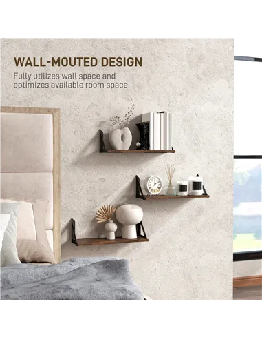 HOMCOM Set of 3 Wall Shelves, 43cm Vintage Wall Mounted Floating Shelves for Living Room, Entryway, Bedroom, Rustic Brown