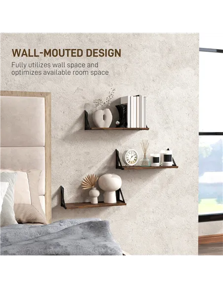 HOMCOM Set of 3 Wall Shelves, 43cm Vintage Wall Mounted Floating Shelves for Living Room, Entryway, Bedroom, Rustic Brown