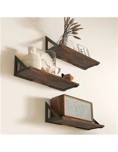 HOMCOM Set of 3 Wall Shelves, 43cm Vintage Wall Mounted Floating Shelves for Living Room, Entryway, Bedroom, Rustic Brown