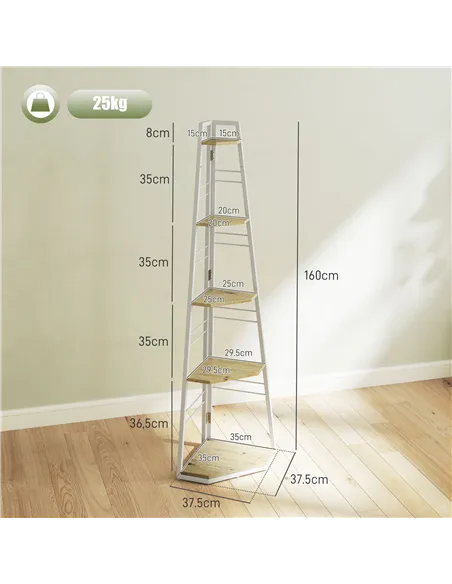 HOMCOM Five-Tier Corner Shelf - White/Wood-Effect