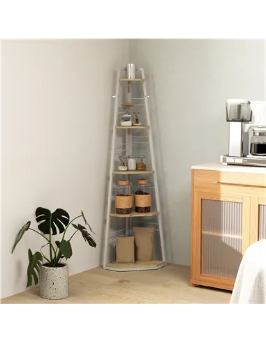 HOMCOM Five-Tier Corner Shelf - White/Wood-Effect