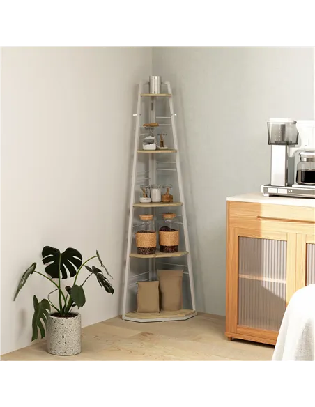 HOMCOM Five-Tier Corner Shelf - White/Wood-Effect