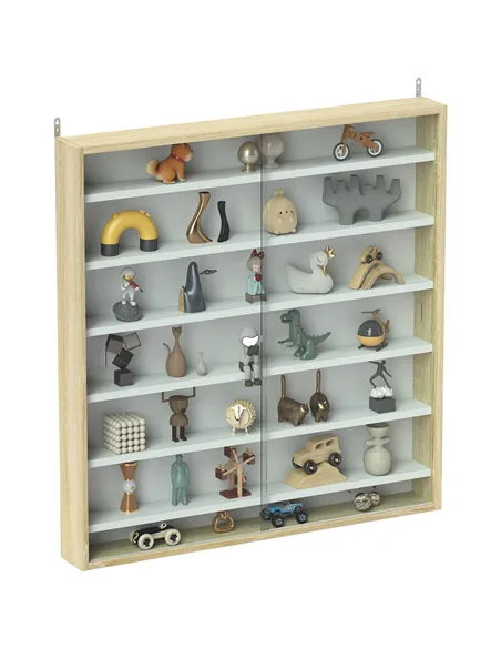 HOMCOM 7-Tier Wall Display Shelf Unit Cabinet w/ 6 Adjustable Shelves Glass Doors Home Office Ornaments 83x80cm, Oak