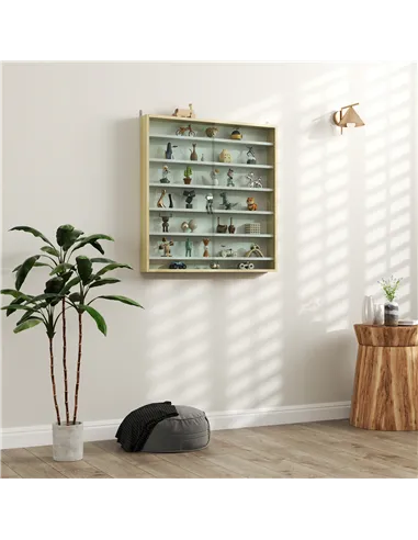 HOMCOM 7-Tier Wall Display Shelf Unit Cabinet w/ 6 Adjustable Shelves Glass Doors Home Office Ornaments 83x80cm, Oak