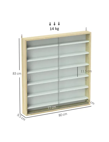 HOMCOM 7-Tier Wall Display Shelf Unit Cabinet w/ 6 Adjustable Shelves Glass Doors Home Office Ornaments 83x80cm, Oak