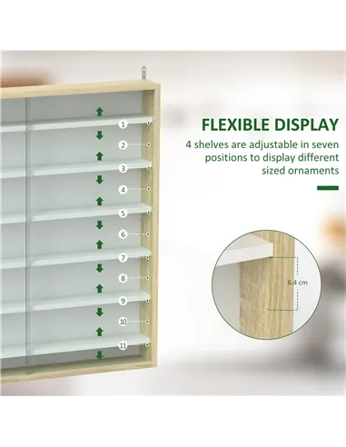 HOMCOM 7-Tier Wall Display Shelf Unit Cabinet w/ 6 Adjustable Shelves Glass Doors Home Office Ornaments 83x80cm, Oak