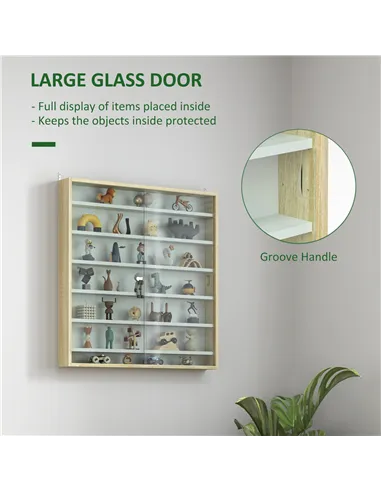 HOMCOM 7-Tier Wall Display Shelf Unit Cabinet w/ 6 Adjustable Shelves Glass Doors Home Office Ornaments 83x80cm, Oak