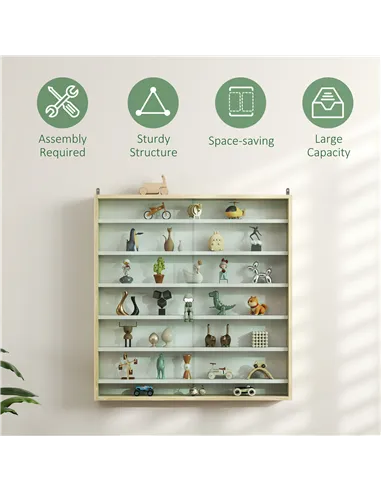 HOMCOM 7-Tier Wall Display Shelf Unit Cabinet w/ 6 Adjustable Shelves Glass Doors Home Office Ornaments 83x80cm, Oak