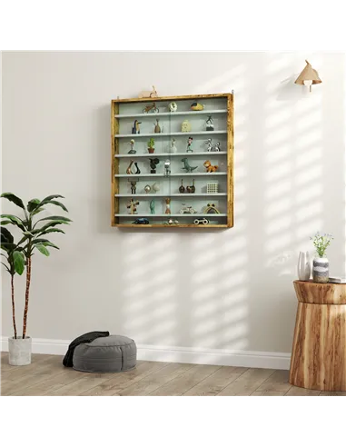 HOMCOM 7-Tier Wall Display Shelf Unit Cabinet w/ 6 Adjustable Shelves Glass Doors Home Office Ornaments 83x80cm, Oak