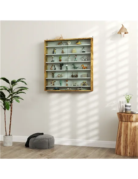 HOMCOM 7-Tier Wall Display Shelf Unit Cabinet w/ 6 Adjustable Shelves Glass Doors Home Office Ornaments 83x80cm, Oak