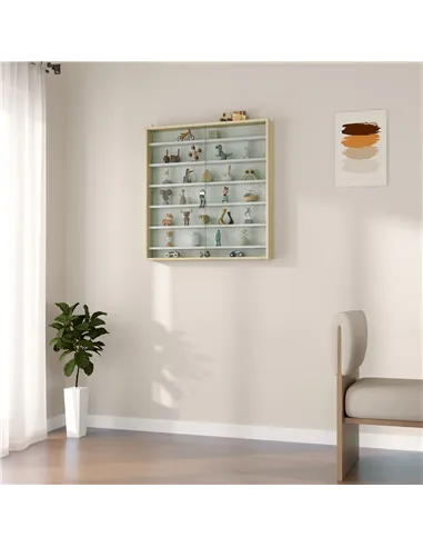 HOMCOM 7-Tier Wall Display Shelf Unit Cabinet w/ 6 Adjustable Shelves Glass Doors Home Office Ornaments 83x80cm, Oak