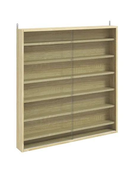 HOMCOM Six Shelf Display Cabinet, with Glass Doors - Oak