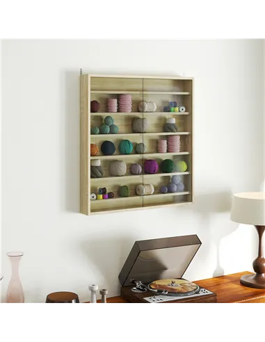 HOMCOM Six Shelf Display Cabinet, with Glass Doors - Oak