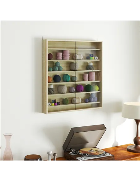 HOMCOM Six Shelf Display Cabinet, with Glass Doors - Oak