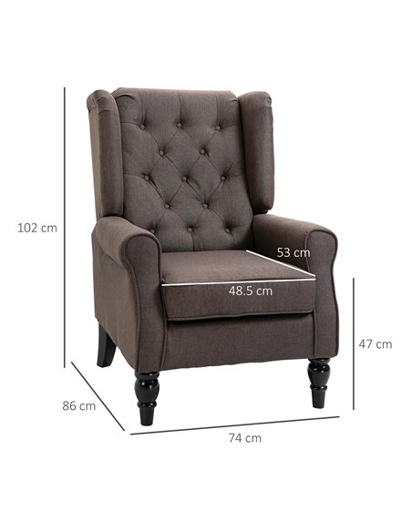 HOMCOM Wingback Accent Chair, Retro Upholstered Button Tufted Occasional Chair for Living Room and Bedroom, Brown