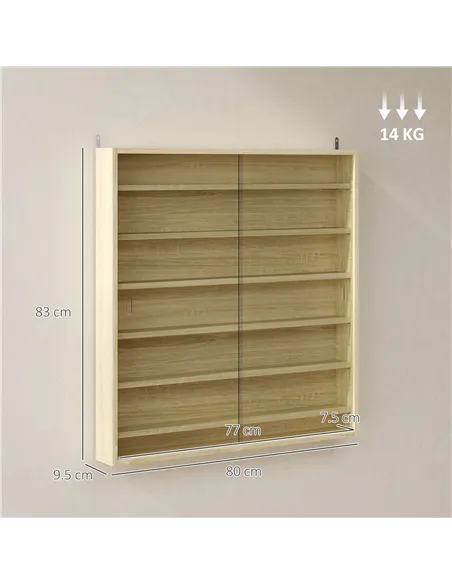 HOMCOM Six Shelf Display Cabinet, with Glass Doors - Oak