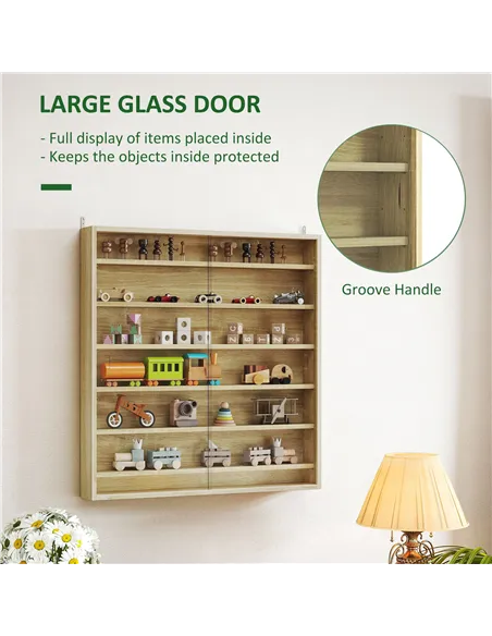 HOMCOM Six Shelf Display Cabinet, with Glass Doors - Oak