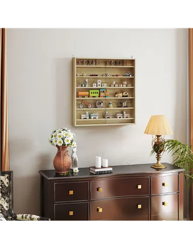 HOMCOM Six Shelf Display Cabinet, with Glass Doors - Oak