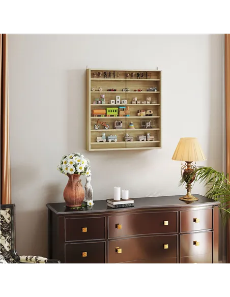 HOMCOM Six Shelf Display Cabinet, with Glass Doors - Oak