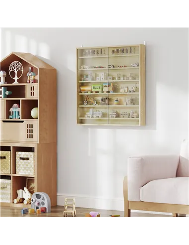 HOMCOM Six Shelf Display Cabinet, with Glass Doors - Oak