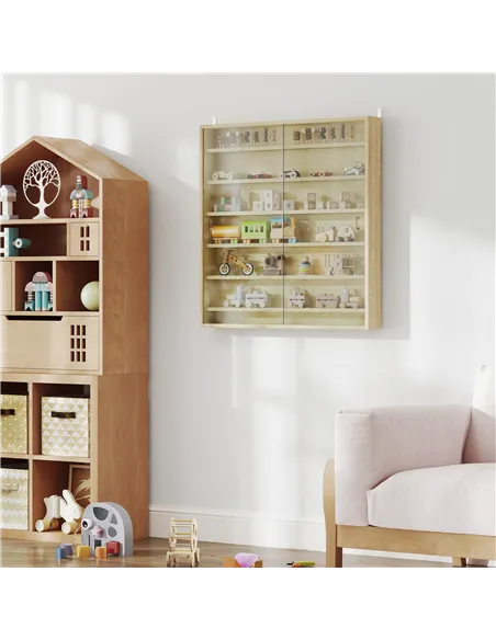 HOMCOM Six Shelf Display Cabinet, with Glass Doors - Oak