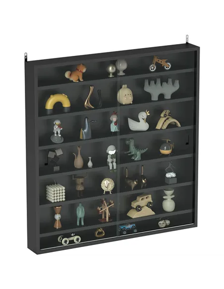 HOMCOM Six Shelf Display Cabinet, with Glass Doors - Black