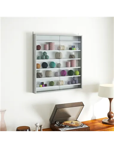 HOMCOM Six Shelf Display Cabinet, with Glass Doors - Graphite Wood Effect