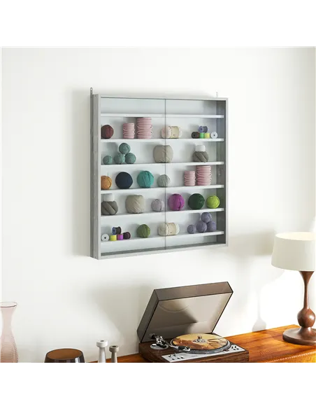 HOMCOM Six Shelf Display Cabinet, with Glass Doors - Graphite Wood Effect