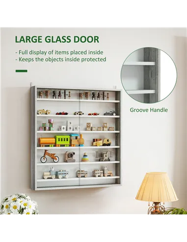 HOMCOM Six Shelf Display Cabinet, with Glass Doors - Graphite Wood Effect