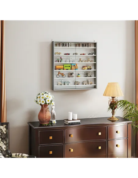 HOMCOM Six Shelf Display Cabinet, with Glass Doors - Graphite Wood Effect