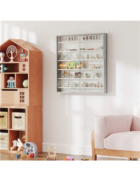 HOMCOM Six Shelf Display Cabinet, with Glass Doors - Graphite Wood Effect