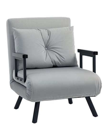 HOMCOM 4-in-1 Velvet-Feel Single Chair Bed, with Pillow - Light Grey