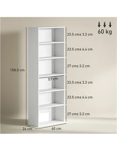 HOMCOM Six Shelf Bookcase - White