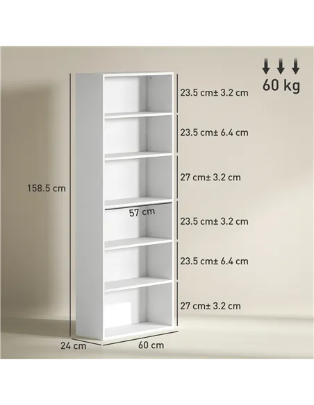 HOMCOM Six Shelf Bookcase - White