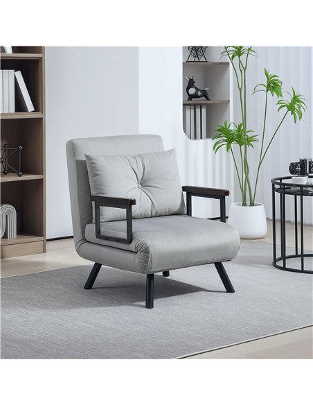 HOMCOM 4-in-1 Velvet-Feel Single Chair Bed, with Pillow - Light Grey