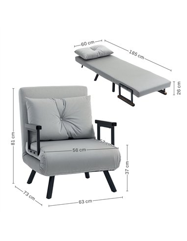 HOMCOM 4-in-1 Velvet-Feel Single Chair Bed, with Pillow - Light Grey