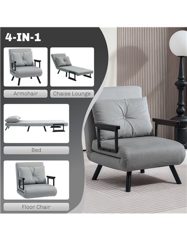 HOMCOM 4-in-1 Velvet-Feel Single Chair Bed, with Pillow - Light Grey