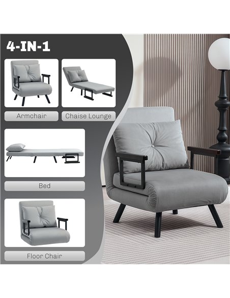 HOMCOM 4-in-1 Velvet-Feel Single Chair Bed, with Pillow - Light Grey