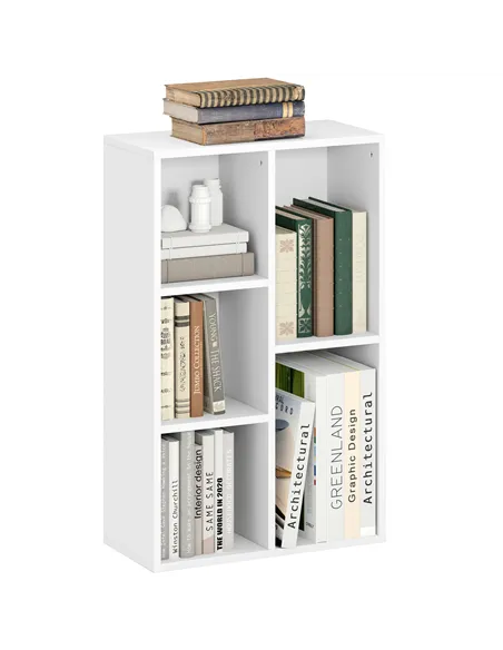 HOMCOM 2-Tier Bookshelf with 5 Compartments - White