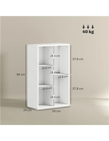 HOMCOM 2-Tier Bookshelf with 5 Compartments - White