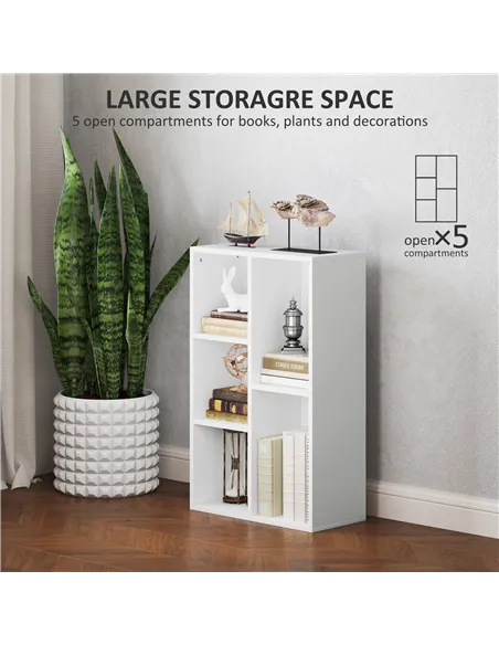 HOMCOM 2-Tier Bookshelf with 5 Compartments - White