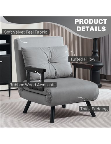HOMCOM 4-in-1 Velvet-Feel Single Chair Bed, with Pillow - Light Grey