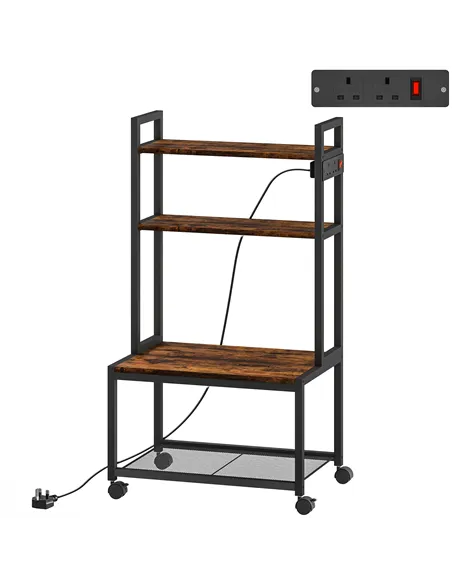 HOMCOM 4-Tier Printer Stand with Power Outlets and Wheels - Rustic Brown