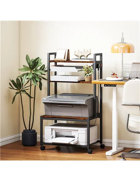 HOMCOM 4-Tier Printer Stand with Power Outlets and Wheels - Rustic Brown