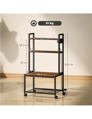 HOMCOM 4-Tier Printer Stand with Power Outlets and Wheels - Rustic Brown